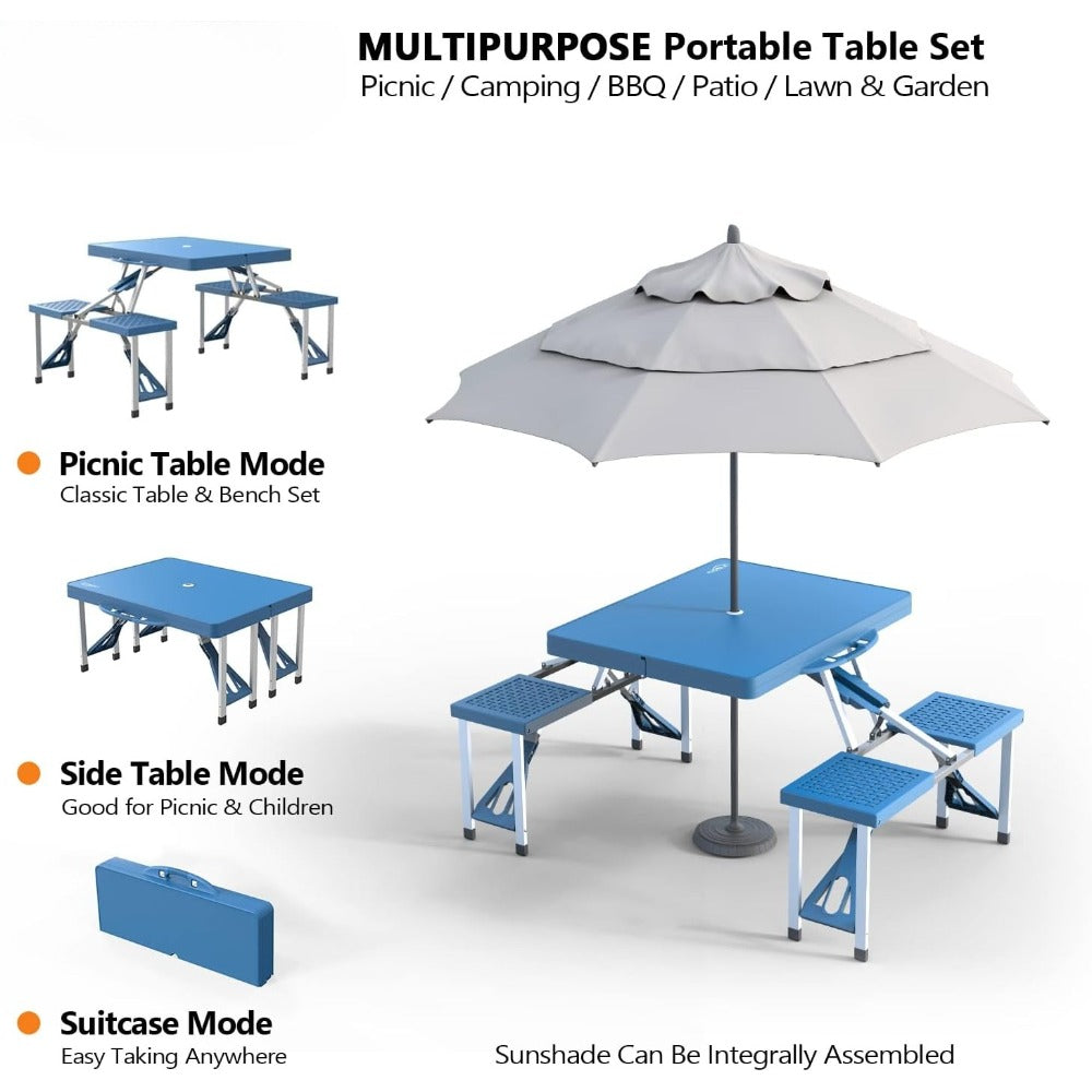 Portable Camping Table 4ft Folding Picnic Table With 4 Seats Portable Suitcase Camping Table Aluminum Frame With Umbrella Hole 220 Lbs Capacity For Outdoor BBQ  Gathering